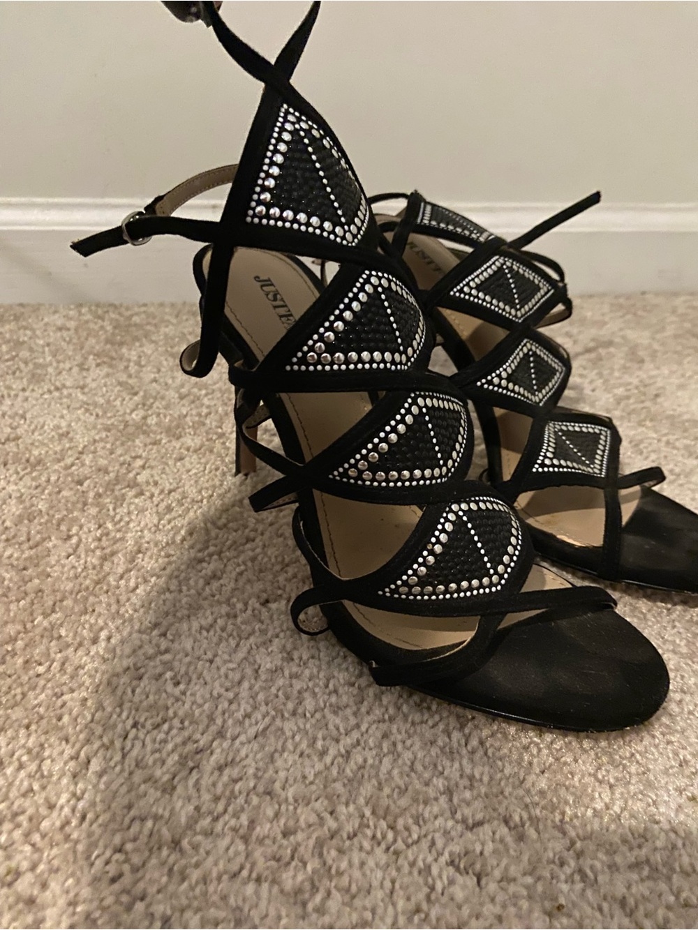 JustFab Black Strappy Rhinestone Embellished Heels